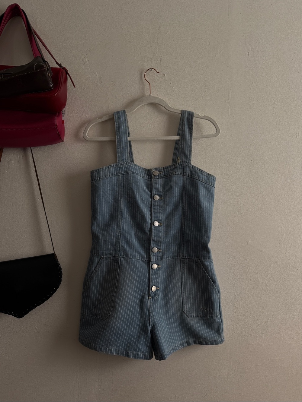 DKNY Striped Denim Romper Shorts - Blue